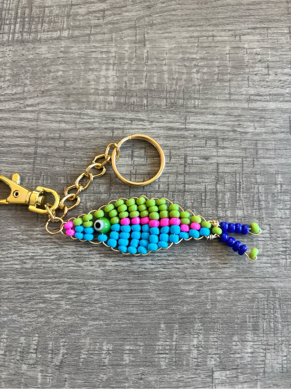 Beaded Fish Key & Card Holder Charm in Blue, Green & Pink